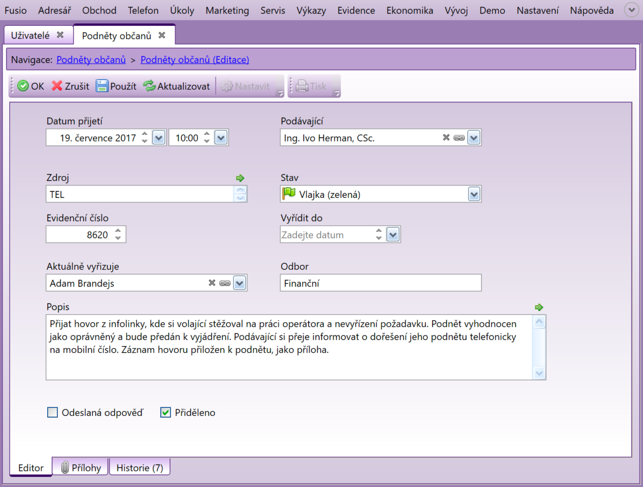 Fusio: Ukázka vyplněného kontaktního formuláře pro záznam podnětu