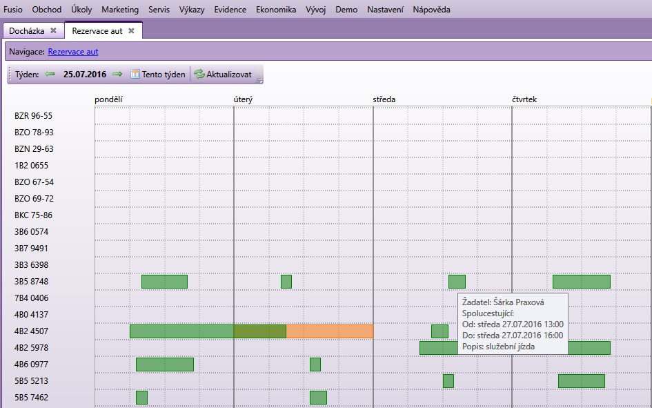 Fusio: Grafický přehled rezervací služebních vozidel