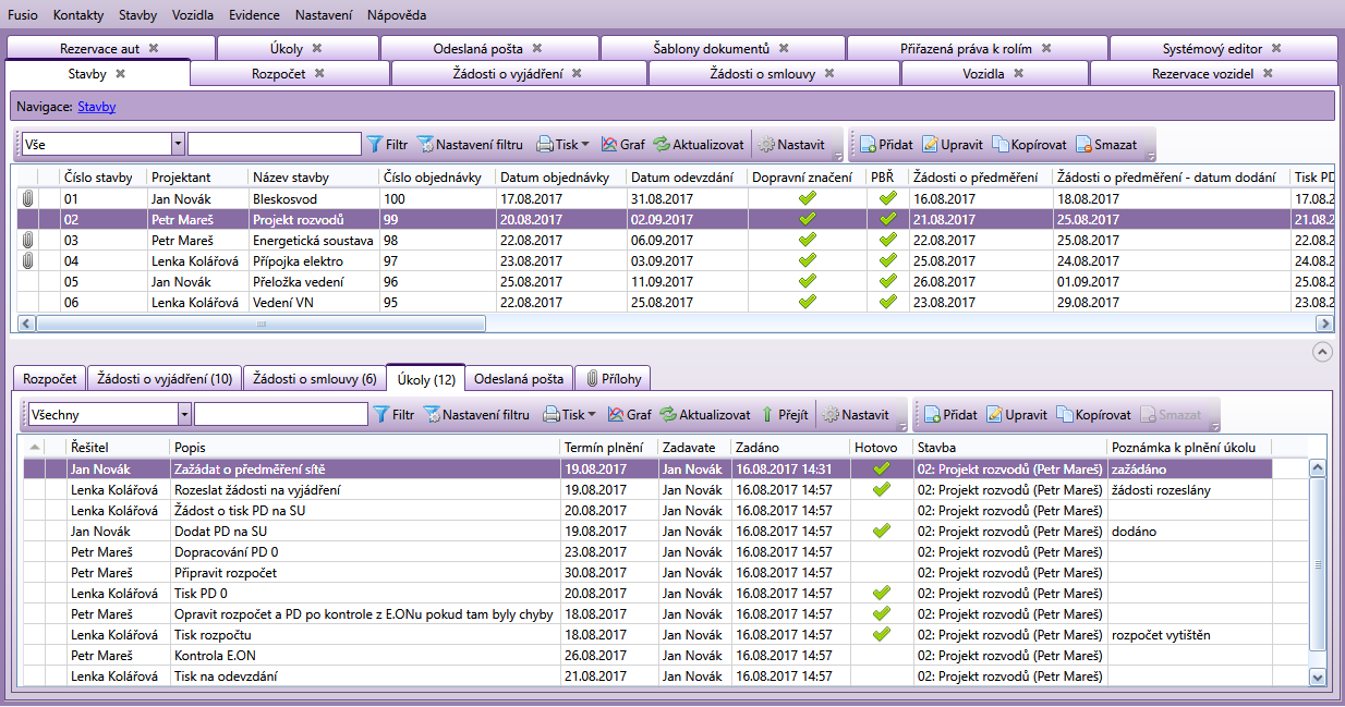 Seznam uložených projektů v agendě Stavby a související evidence termínů, dokumentů, úkolů a zodpovědných pracovníků. Data jsou uložena do hlavního seznamu a několika podseznamů. Systém nabízí přehledný náhled workflow projektů, lze snadno zjistit, v jaké fázi se projekt aktuálně nachází.
