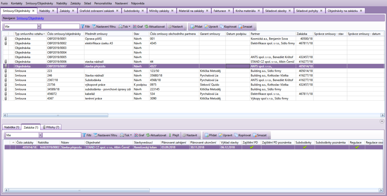 Ukázka agendy Smlouvy/Objednávky